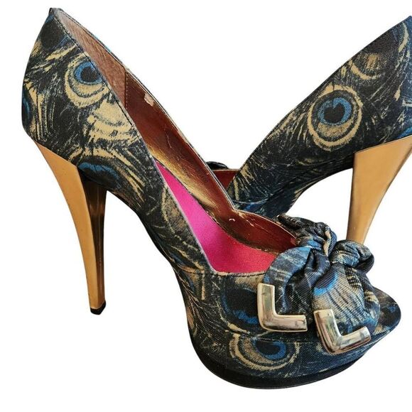 Sam Edelman Heels Womens 8.5 Stiletto Platform Peacock Animal Print Peep Toe - Picture 1 of 9
